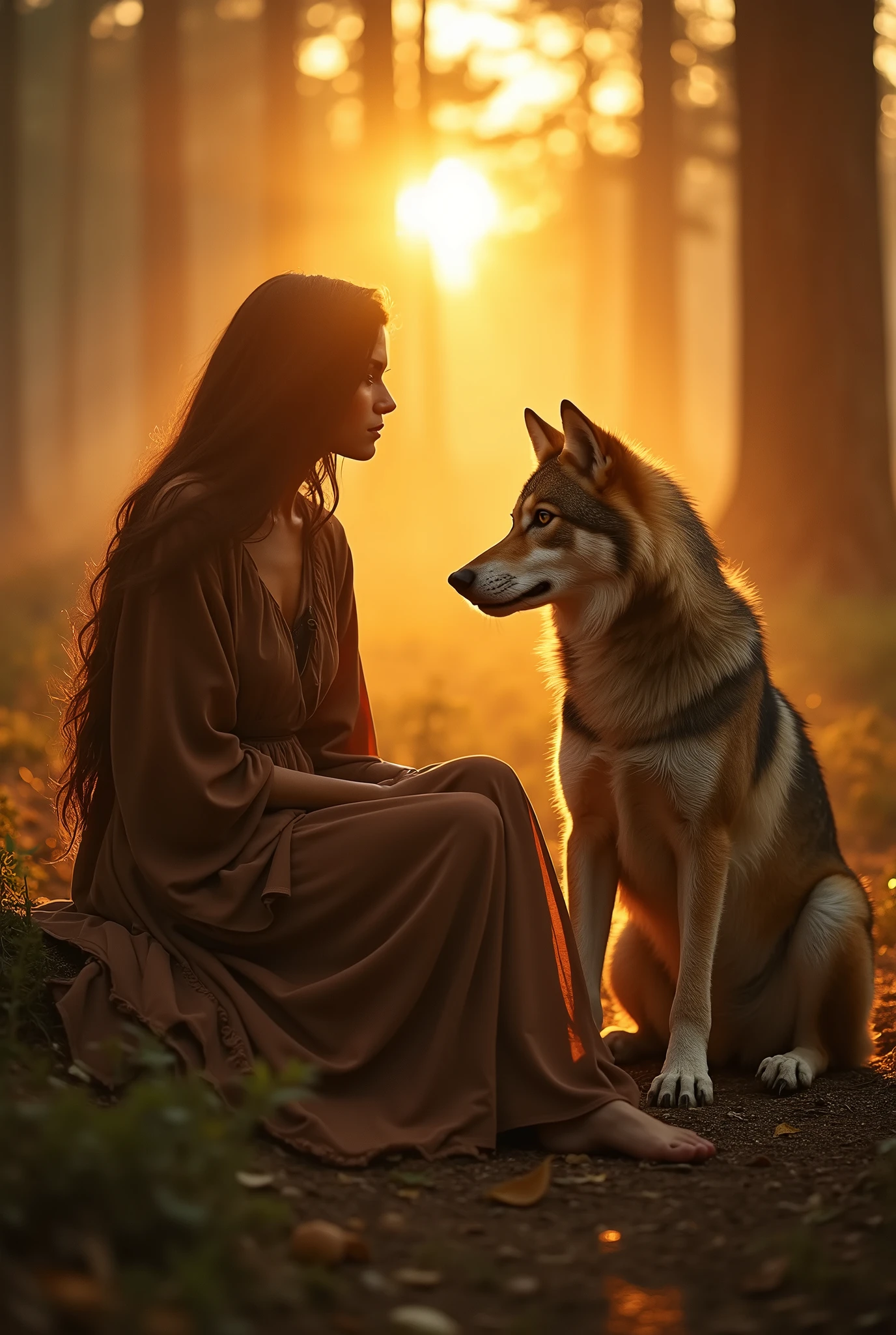 Chef d'oeuvre, photographie réaliste, extérieur, femme arabe, vêtue d'une robe marron, pieds nus, assise au milieu de la forêt avec un loup, compagnon loup, tendresse, fille-loup, loups, son amie le loup, lumière jaune douce, brouillard dense, coucher de soleil ,