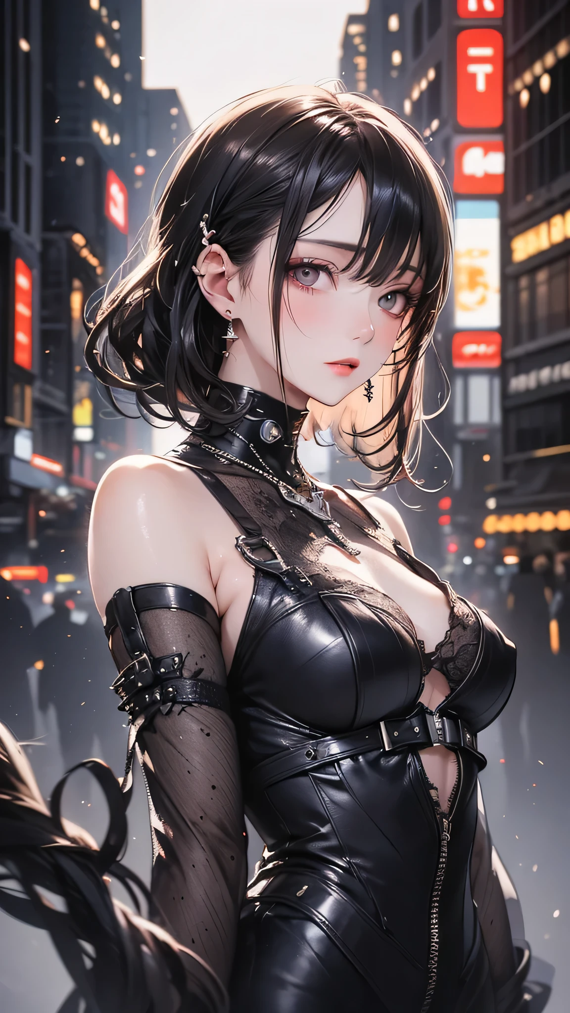 (One person:1.3), alone, Delicate and realistic skin, Fine skin, Mid-chest, Official Art, Unified 16k wallpapers, Super detailed, beauty and aesthetics, beauty, masterpiece, Highest quality, In Cyberpunk City, Great atmosphere, A calming color palette, Peaceful mood, Soft Shadows, Glamour