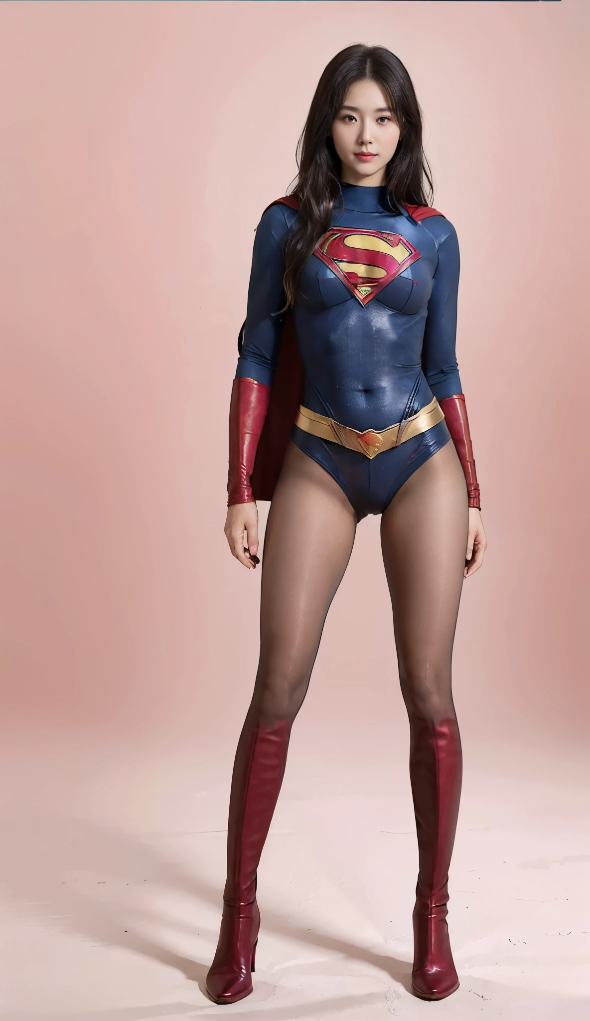 No background、(((Beautiful legs in black tights.)))、(((Legally express the beauty of your smile)))、((((Make the most of your original images)))、(((Supergirl Costume)))、(((Beautiful Hair)))、(((suffering)))、(((Please wear black tights....、Wear red boots)))、((Best image quality、8k))、((Highest quality、8k、masterpiece:1.3))、(((Preserve background )))、Sharp focus:1.2、Beautiful woman with perfect figure:1.4、Slim Abs:1.2、Wet body:1.5、Highly detailed face and skin texture、8k