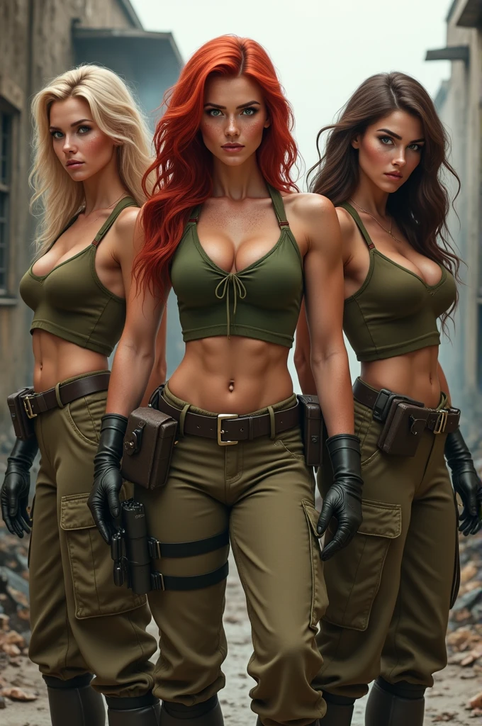 Three muscle-bound female soldiers with extremely large breasts and very round hips. They all have vascular bulging muscles all over. The middle soldier is a higher ranking officer and they've come to dominate. One has red hair with freckles and green eyes, the other is blonde with gray eyes, very tanned, the third is brunette with light brown eyes.