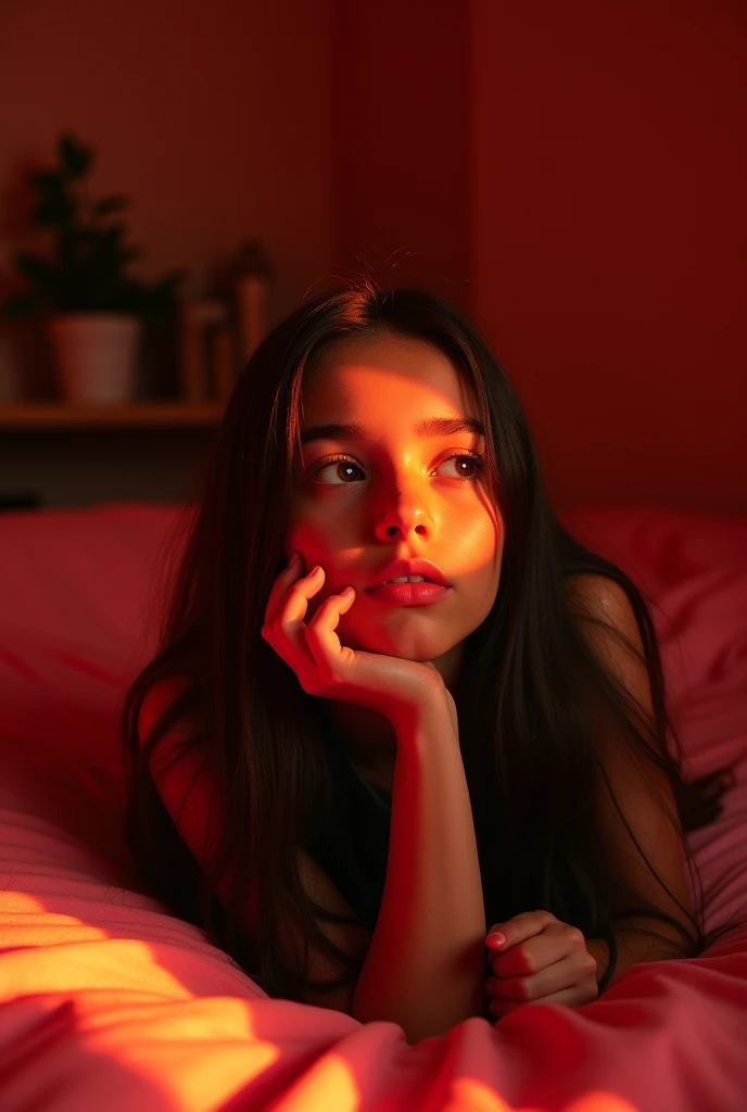 Brunette girl with long straight brown hair, eyes with , without a cap lying on her back on a bed looking at the ceiling similar to Ariana Grenblaat. Red lighting in the room,skin texture.