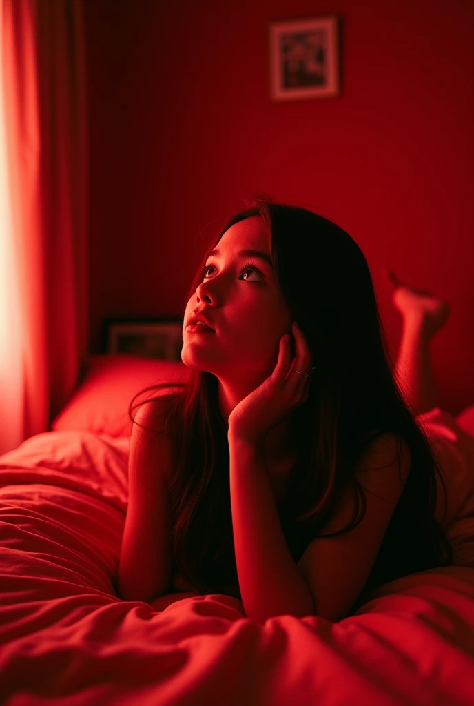 Brunette girl with long straight brown hair, eyes with , without a cap lying on her back on a bed looking at the ceiling similar to Ariana Grenblaat. Red lighting in the room,skin texture.