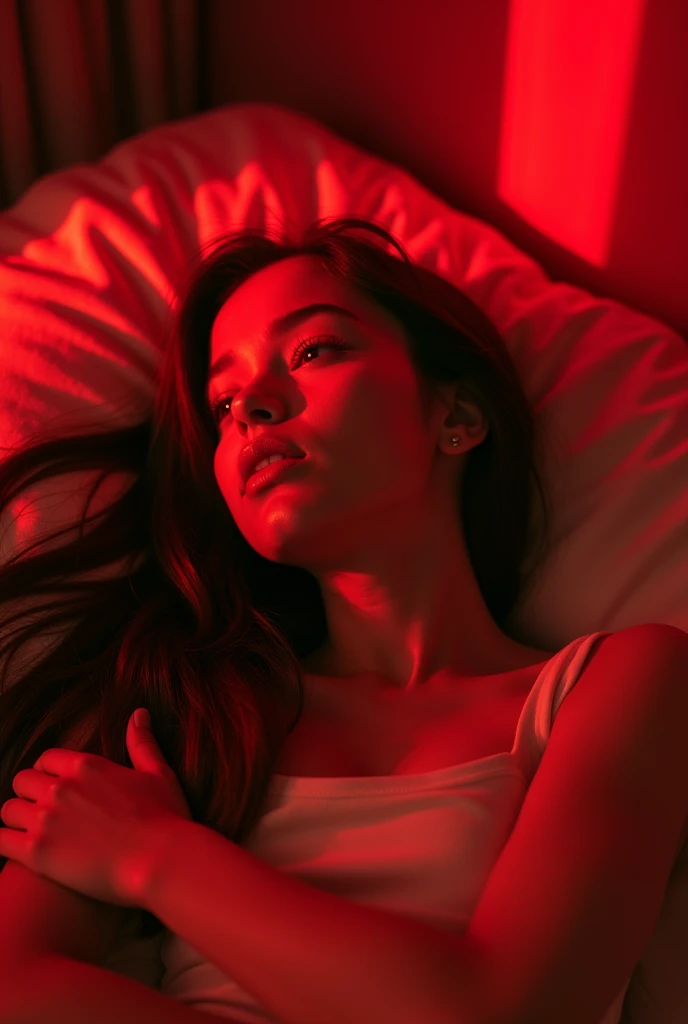 Brunette girl with long straight brown hair, eyes with , without a cap lying on her back on a bed looking at the ceiling similar to Ariana Grenblaat. Red lighting in the room,skin texture.