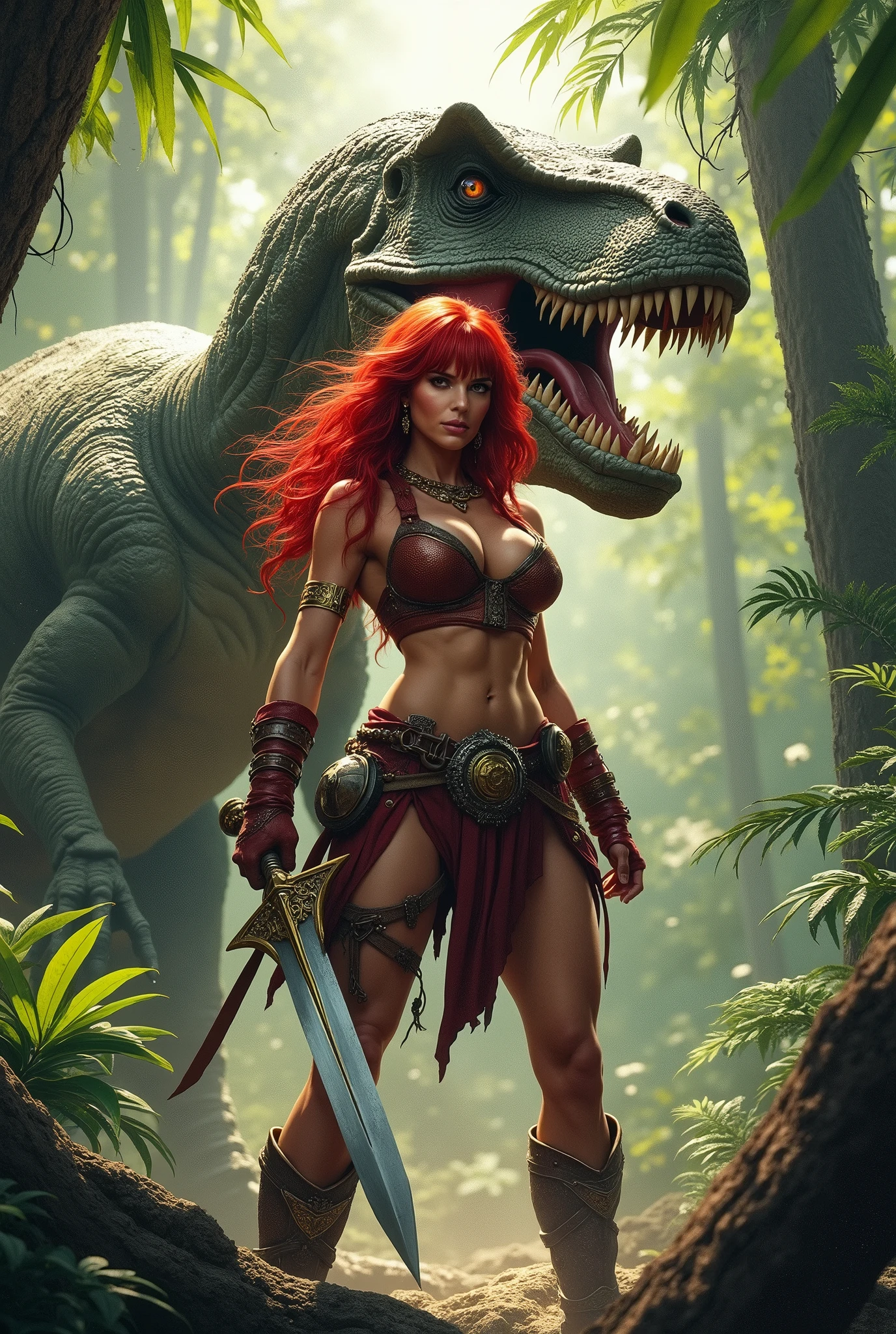A naked tanned red-haired woman warrior with dark brown, her skin is dripping with sweat and is dirty, filthy, and with large bloodstains, She has a deep bite wound on her left shoulder, dressed only in an animal skin loincloth, and an energy sword attacked by a tyrannosaurus. very dramatic, cinematic shot, shot from a movie, cinema composition shot, very detailed, high resolution, professional color, wonderful light, daylight, 300k resolution, highly realistic, lots of details.