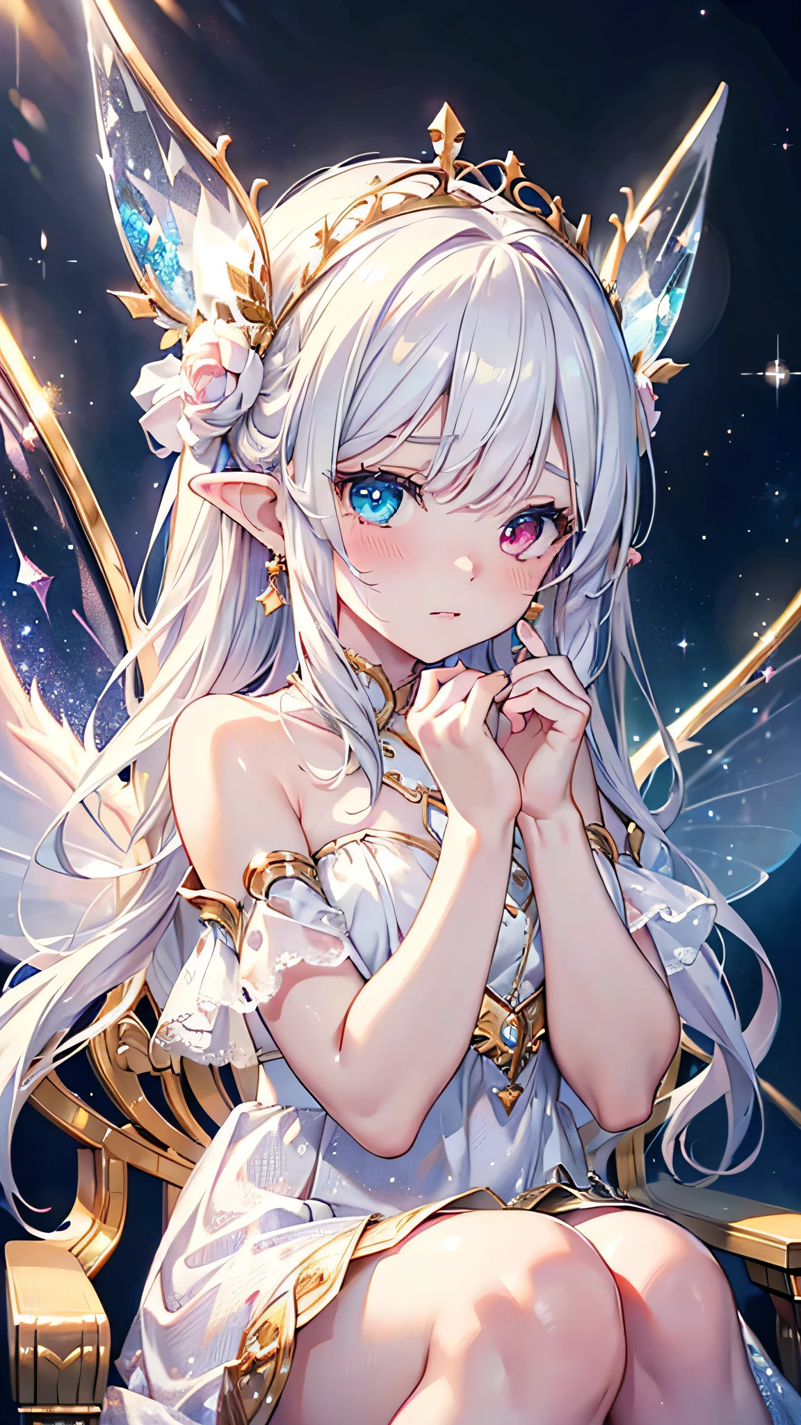 girl with blushing cheeks,looking down,long white hair,wearing white dress,sparkly starry background,crying expression,anime style,sparkle effect,(best quality,4k,8k,highres,masterpiece:1.2),ultra-detailed,(realistic,photorealistic,photo-realistic:1.37),detailed eyes,detailed nose,detailed lips,longeyelashes,realistic,melancholic,sad,emotional,night,late night,spread hands,distant view,fairy girl,landscape,two fairy wings from shoulders,heterochromia,pointed ears,crystal earrings,eyes with symbols,sitting on golden throne,wearing tiara