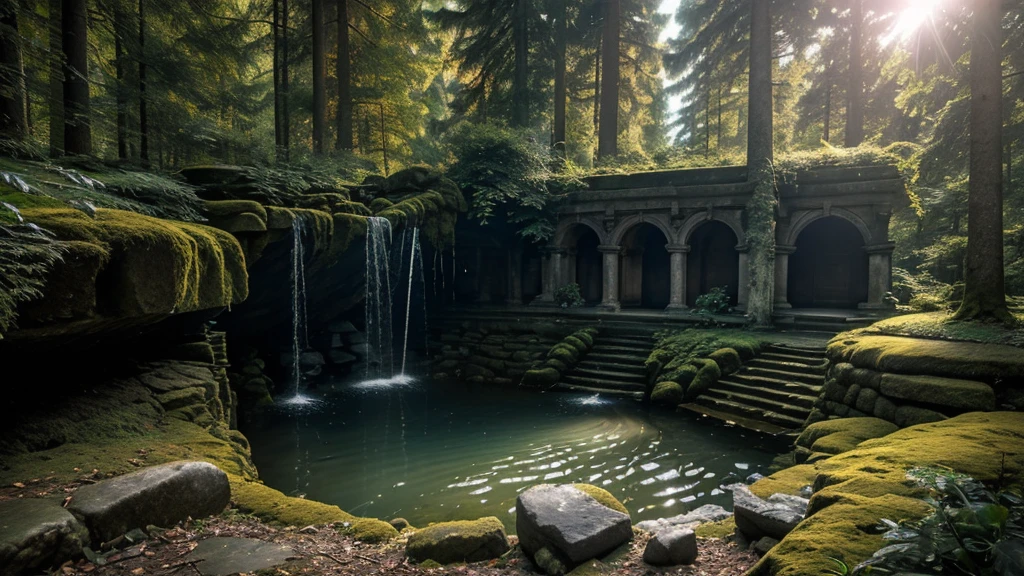 The Wishing Well: An ancient stone well, weathered by time and the elements, located in a remote and secluded clearing deep within the forest. Its grey stones, some cracked and uneven, are covered in a thick layer of green moss and ivy that winds around the edges as if nature itself is trying to reclaim the well. The rim of the well is rounded and smooth from the touch of countless hands over the centuries, and almost faded inscriptions carved into the stone tell stories long lost to time.

The water at the bottom of the well is an inky black, reflecting light in a peculiar way, as if hiding ancient secrets. Sometimes, small ripples appear on the surface, even when there is no wind, suggesting an unseen presence in the depths. The well is surrounded by towering, ancient trees, their exposed roots snaking across the ground like veins, and their dense canopies intertwining above, forming a natural roof that blocks most of the sunlight, leaving the area shrouded in a constant and almost mystical twilight.

The atmosphere around the well is always cool, regardless of the season, and the air feels thicker, as if heavy with the wishes of all those who have ventured to make a request here. The silence is nearly absolute, broken only by the occasional whisper of wind through the leaves or the distant sound of a breaking branch. Legend has it that those who make a wish at this well must be prepared to pay a price, for the well, though powerful, is capricious. It is known for granting wishes in unexpected, often twisted ways, with consequences that are rarely welcome, making each wish a risk that few are willing to take.