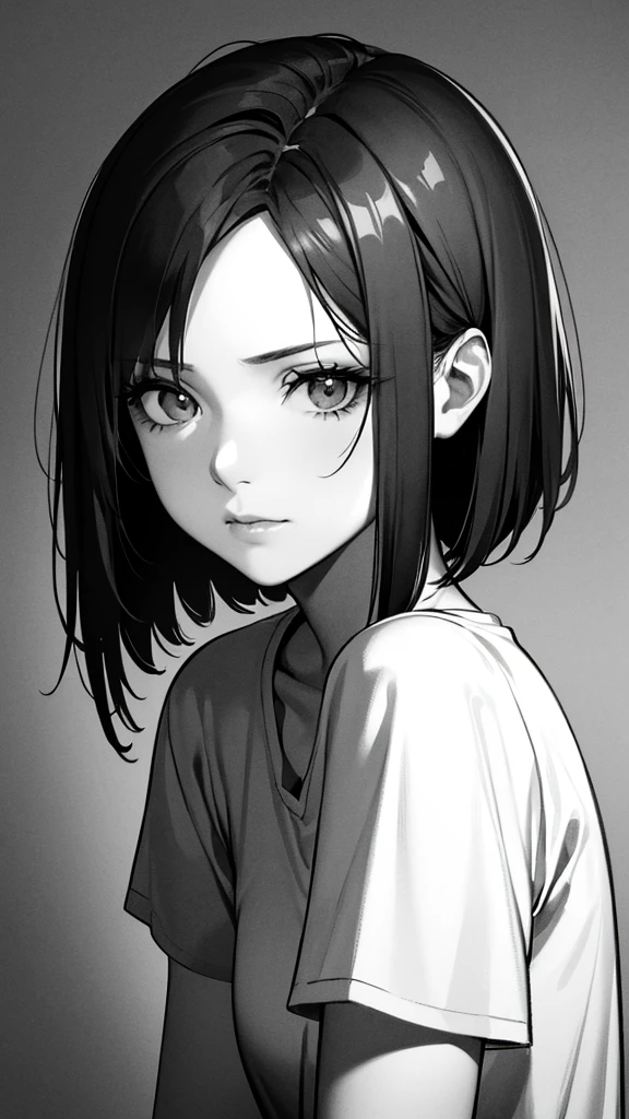 1girl, solo, monochrome, greyscale, short black hair, portrait, T-shirt, closed mouth, looking at viewer, sketch, graphite \(medium\), detailed lips, hatching \(texture\), without makeup, bangs, upper body, (best illustration), (best quality), (very detailed), (masterpiece), expressionless,