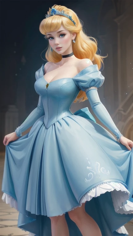 ((1 girl)), Masterpiece, (high quality, best render), (beautiful girl, cinderella), (bomb, pin-up style), hot, floss, perfect body, 4k hd, disney princess, beautiful female princess, anime princess, hd artwork, official art, disney cartoon, beautiful princess, long thin legs, large breasts, sexy pose, vibrant colors, a cartoon princess in a short blue dress , she has pale skin cinderella, disney character, disney character style, disney's princess, disney art style, disney artstyle, anime princess, fantasy, full dress, on a giant chessboard,