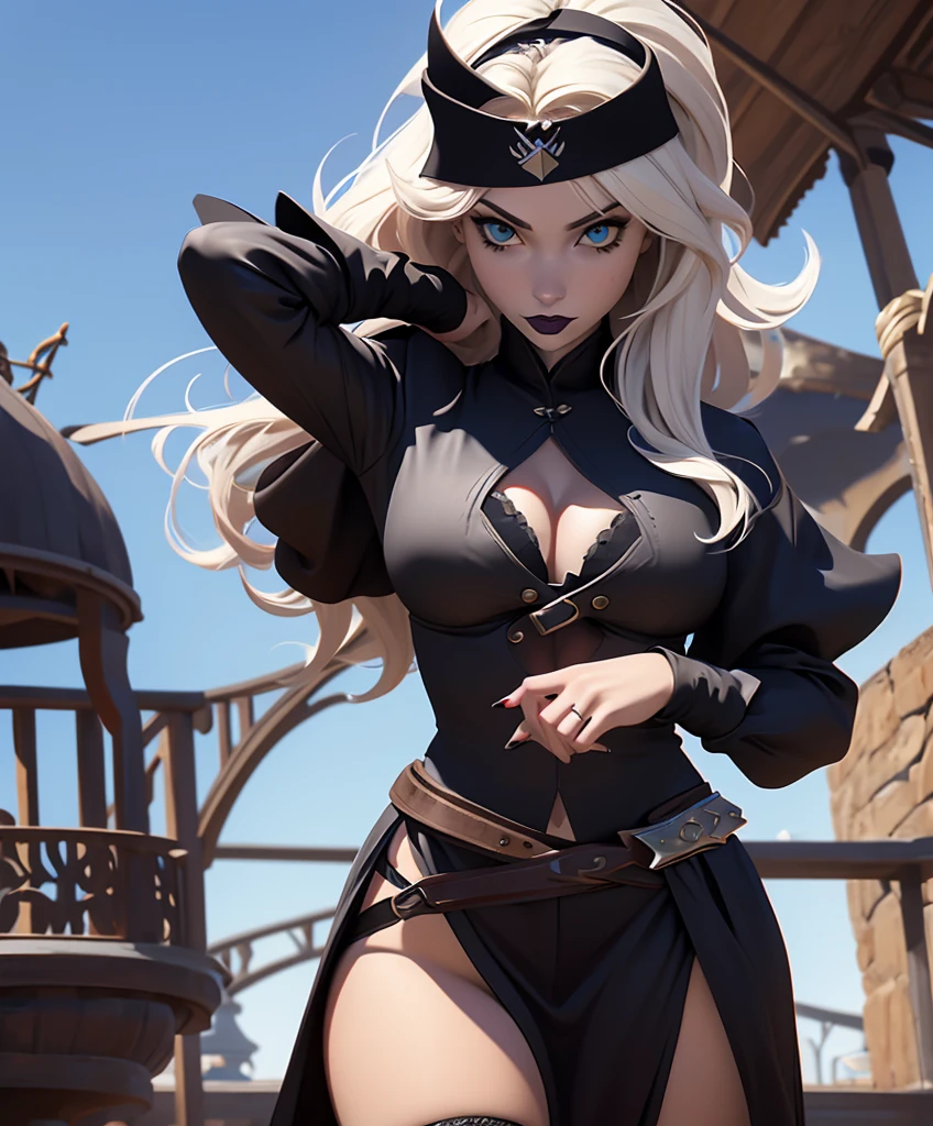(((Solo focus.))) (((Single character image.))) Attractive female fantasy character. Blonde hair in a modern, sexy style. Medieval fantasy attire. Swashbuckler attire. (((Corsair with a black headband.))) (((Dressed like a goth corsair.))) Sexy and sultry. Clothing is dark and moody. Strong features. Beautiful features. (((Looks like a sexy villain.))) Thrilling. flirty, best quality:1.0,hyperealistic:1.0,photorealistic:1.0,madly detailed CG unity 8k wallpaper:1.0,masterpiece:1.3,madly detailed photo:1.2, hyper-realistic lifelike texture:1.4, picture-perfect:1.0,8k, HQ,best quality:1.0,