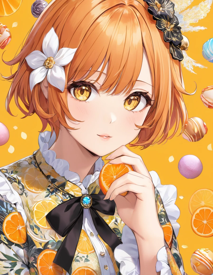Beautiful adult woman in fancy clothes、((Orange short hair))(Yellow Eyes)、(Face close-up))、Sweets background