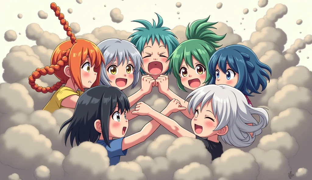 An anime-style illustration depicting six girls  playfully wrestling with each other inside a light gray comical fight cloud (dust cloud).
each girl has different  colored hair: one with silver hair braided,another  with orenge short hair,another with blue braided pigtails,another with green twin tailes and one lady with black bobcuts and on white long hair.
their faces,hands,and feet are visible emerging from the cloud as they tussle humorously,  with the rest of their bodies completely hidden inside the cloud.
the illustration emphasizes the humorous and energetic nature of their scuffle,with a fluffy  andexaggerated fight cloud.