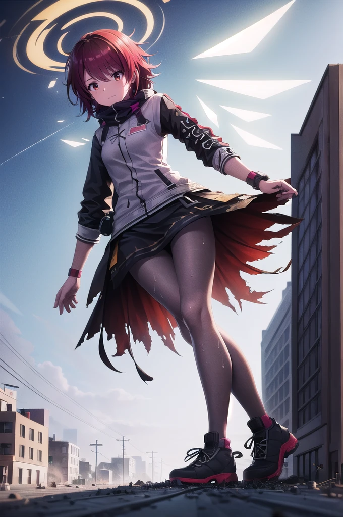 ((Giant)), 1 person, ((Woman running with all her might), Exus_Arknights, Background with visible horizon, A character standing on top of an island next to a continent, A gigantic high school girl bigger than a continent, joy, Long legs, Sweat, 落ちるSweat, giga Giant, blue sky, smile, whole body, Destroyed city, Dust, Dust from the bottom of the shoes, Crumbling cities, Destroyed city, shoes, A very small big city,