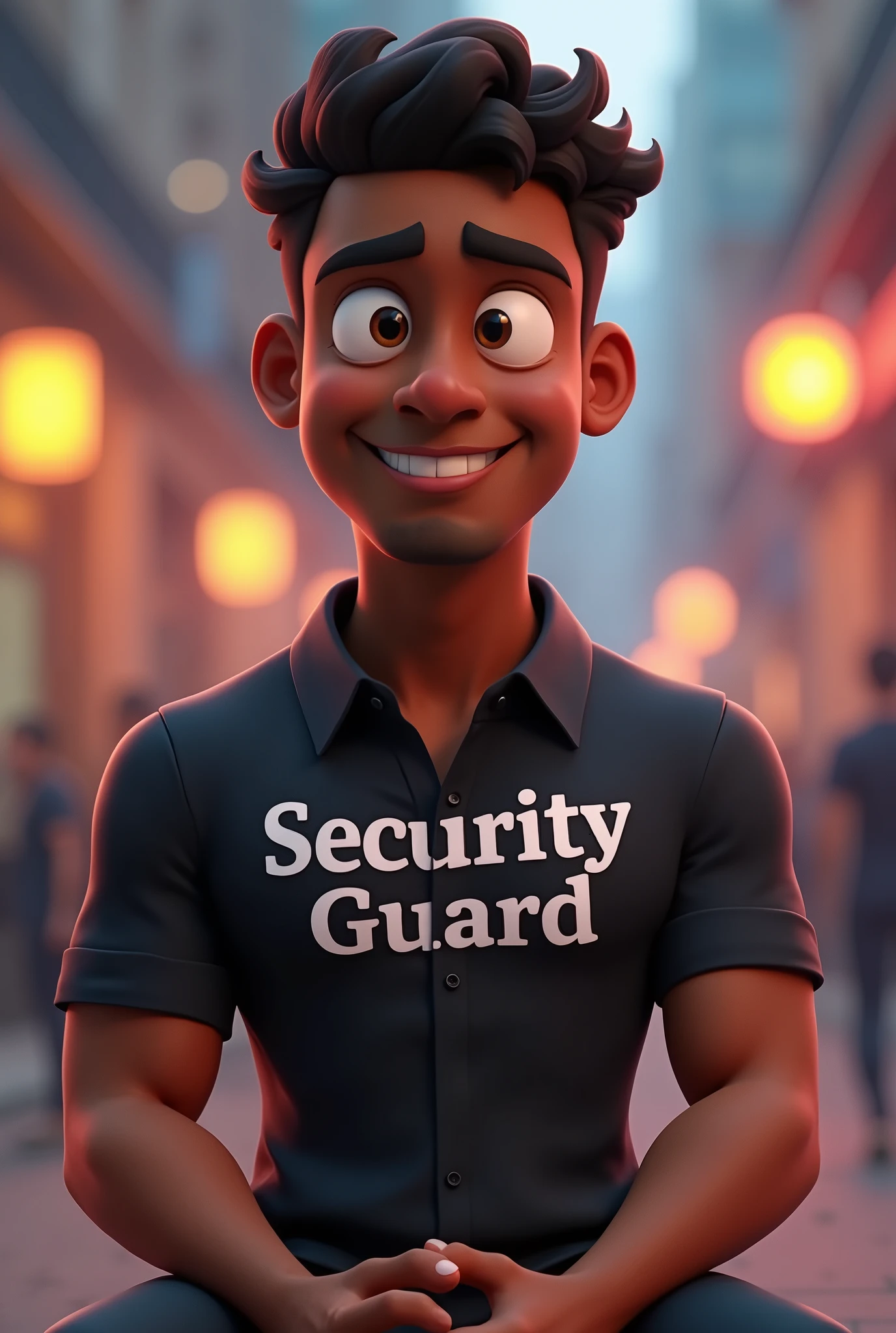 Cartoon character of a dark-skinned man in a black shirt with the name security guard on it, an animated character, stylized character, animation style rendering, 3d stylized, Arnold Maya rendering, Stylized 3D rendering, toon render screenshot, 3d character, 3d character, Stylized 3D rendering, 3D character rendering, cartoon character, Personagem de close up, character posing, (Pixar-style) (master part:1.2) (bokeh) (best qualityer) (skin detailed) (detailed texture) (8k) (Argilla) (cinematic lighting) (sharp focus，Sit down and lift your upper body