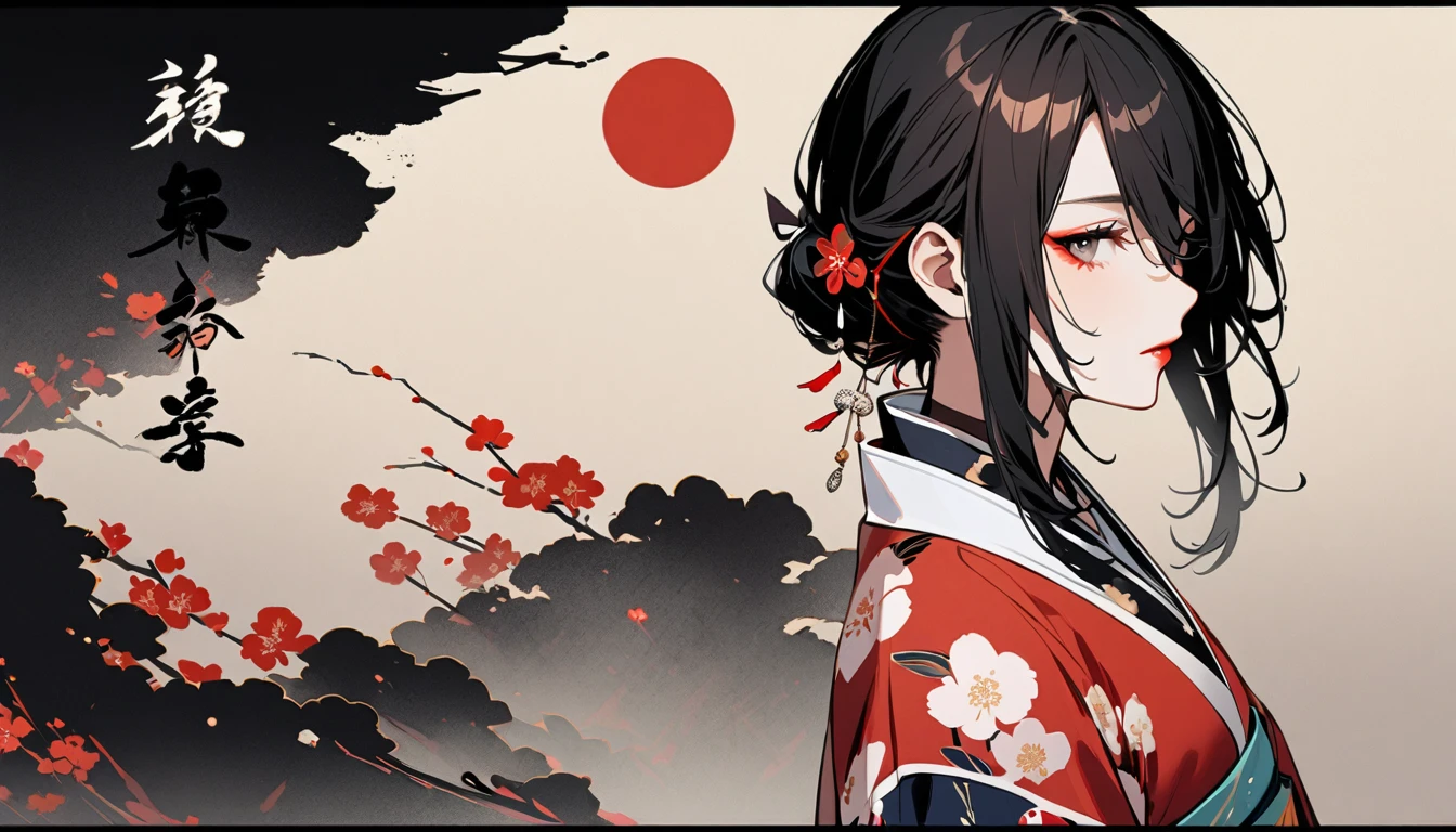 (((Ink Painting))), Fashion portrait color photos, (((1 girl))), (((Flashy makeup))), (((woman))), (((warrior))), (((Izanami))), Japan人の美少女, Black Hair, Delicate and precise, Modern ukiyo-e style,Japan, Japanese flag