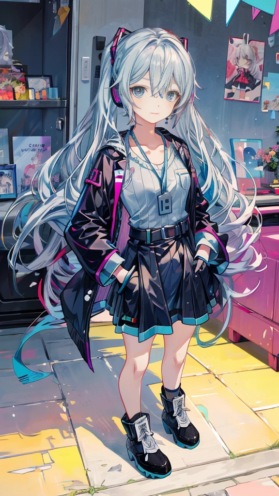 masterpiece,colorful,The best quality at its best,solo,One person,boots,Green Eyes,High resolution,View your viewers,Stand on your own two feet,White coat,(uniform:1.3),Put your hands in your pockets, 長い青い髪と白いシャツと黒いスカートを着たAnime, hatsune miku, Portrait of hatsune miku, hatsune miku short hair, Vocaloid, Hatsune Miku portrait, friend, Mikudayo, 青緑色の髪のAnime, hatsune miku cosplay, Hatsune Miku's Face, Animeスタイル4 K, Anime, 魅力的なAnime