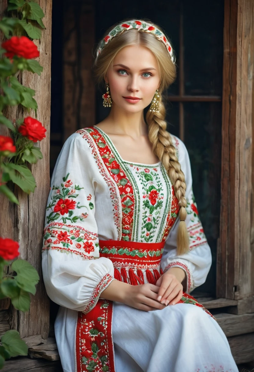 A Russian beauty in a beautiful kokoshnik embroidered with silver threads, pearls and other precious stones, red flowers with green leaves and golden suns. In an elegant traditional sundress, red and white, embroidered with gold patterns. With blonde hair in a long braid and with a slight blush on her cheeks, with expressive blue eyes and a slight smile, she holds a napkin in her hands on which she embroiders patterns, Slavic style, folk decorations, traditional aesthetics. He is sitting in a hut by the window, there is a flowering tree outside the window. A frame from a movie, movie lighting, real photography —ar 9:16 —quality 2 —stylize 750 —v 6.1
#Midjourney