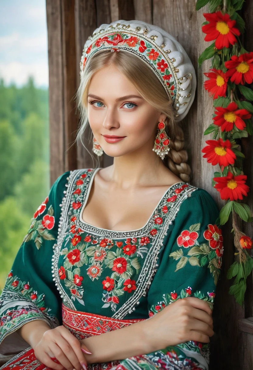 A Russian beauty in a beautiful kokoshnik embroidered with silver threads, pearls and other precious stones, red flowers with green leaves and golden suns. In an elegant traditional sundress, red and white, embroidered with gold patterns. With blonde hair in a long braid and with a slight blush on her cheeks, with expressive blue eyes and a slight smile, she holds a napkin in her hands on which she embroiders patterns, Slavic style, folk decorations, traditional aesthetics. He is sitting in a hut by the window, there is a flowering tree outside the window. A frame from a movie, movie lighting, real photography —ar 9:16 —quality 2 —stylize 750 —v 6.1
#Midjourney