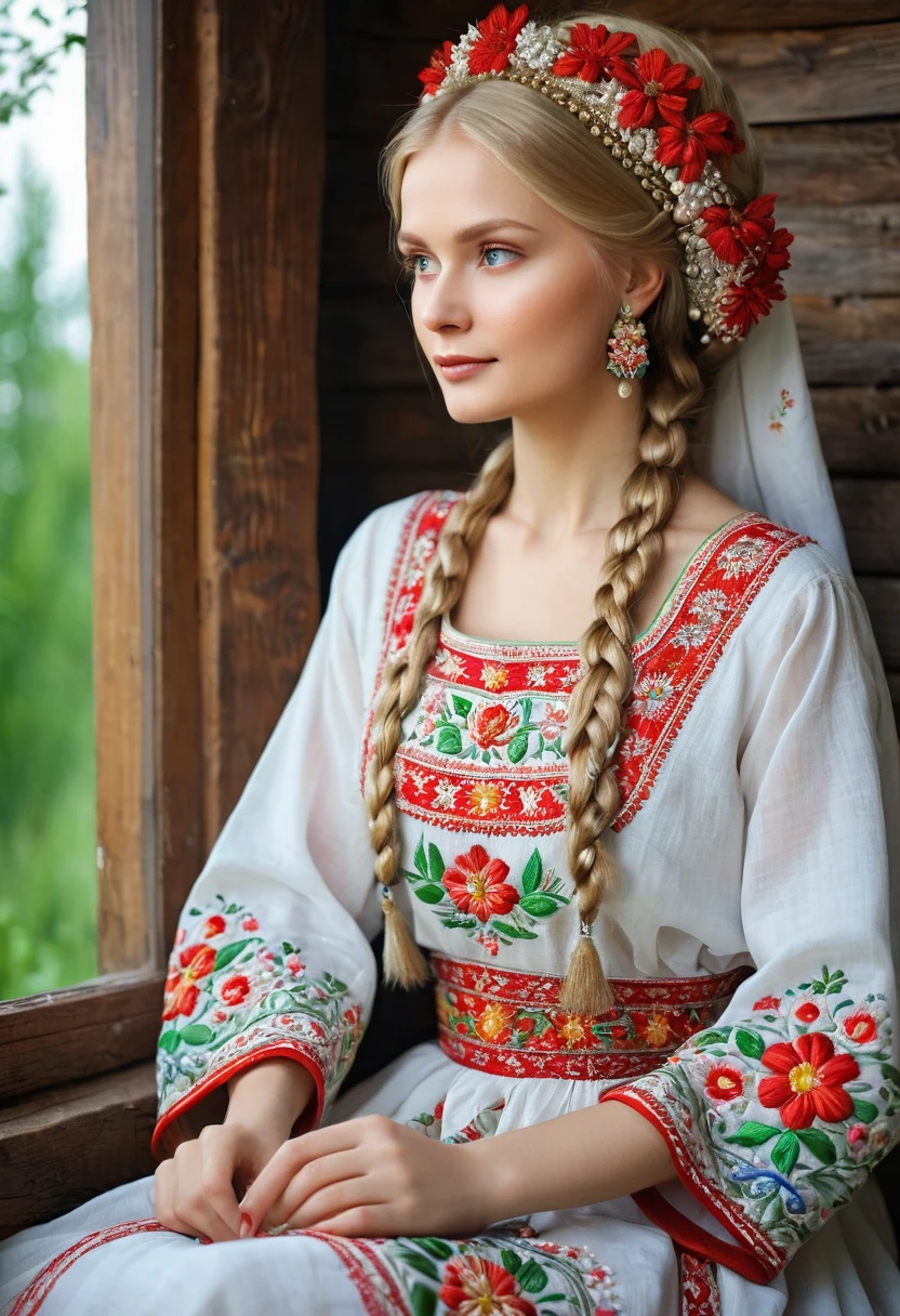 A Russian beauty in a beautiful kokoshnik embroidered with silver threads, pearls and other precious stones, red flowers with green leaves and golden suns. In an elegant traditional sundress, red and white, embroidered with gold patterns. With blonde hair in a long braid and with a slight blush on her cheeks, with expressive blue eyes and a slight smile, she holds a napkin in her hands on which she embroiders patterns, Slavic style, folk decorations, traditional aesthetics. He is sitting in a hut by the window, there is a flowering tree outside the window. A frame from a movie, movie lighting, real photography —ar 9:16 —quality 2 —stylize 750 —v 6.1
#Midjourney