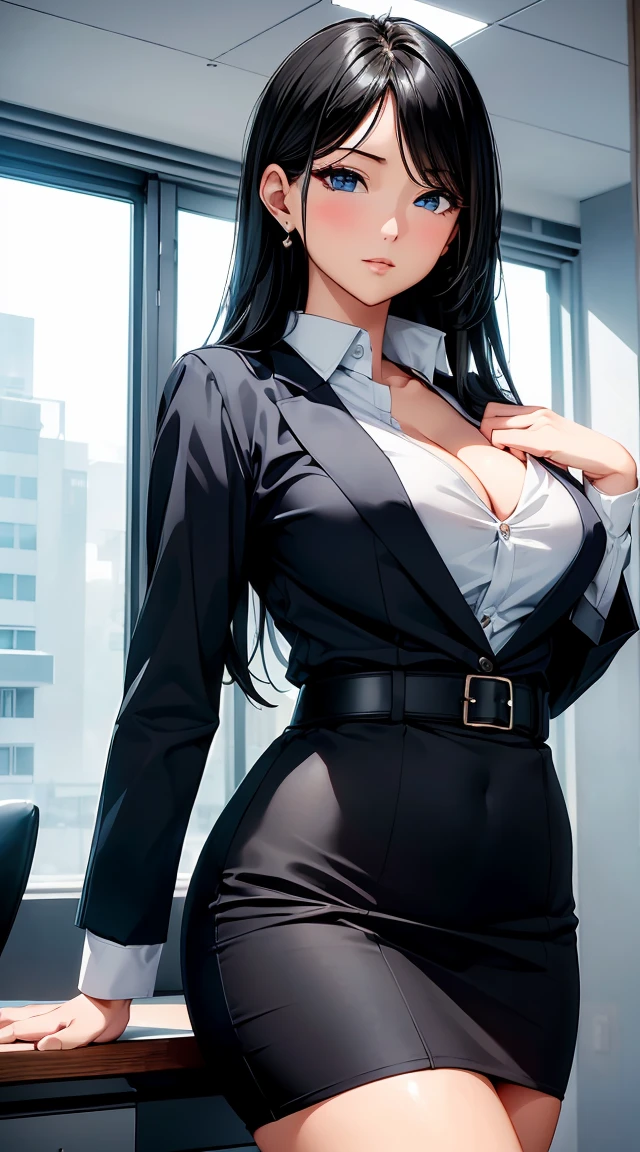 masterpiece, Highest quality, 非常にdetailedな CG Unity 8K 壁紙, Ultra-realistic 8k CG, Perfect artwork, The perfect woman, Dramatic Shadows, (Spotlight, Perfect lighting, detailedな光, (((One Girl))), office, ((Black Hair, Straight Hair)), (((Sexy pose))), Model body type, Ample breasts, ((Cute Face)), (Serious face): 1.2), (White blouse with collar,Dressed properly), beautiful顔, (beautiful胸のライン:1.2), (Cleavage), beautiful, Exquisite features depicting a perfect face, Natural beauty, Slender, 軽やかでbeautiful太ももの表現, officeレディ,Navy blue tight skirt, (Listening to instructions from superiors), A gentle smile, A woman who can work, detailed, Realistic Light and Shadow, 8k resolution, Professional Lighting, (Glowing Skin:0.9), Perfect hands,