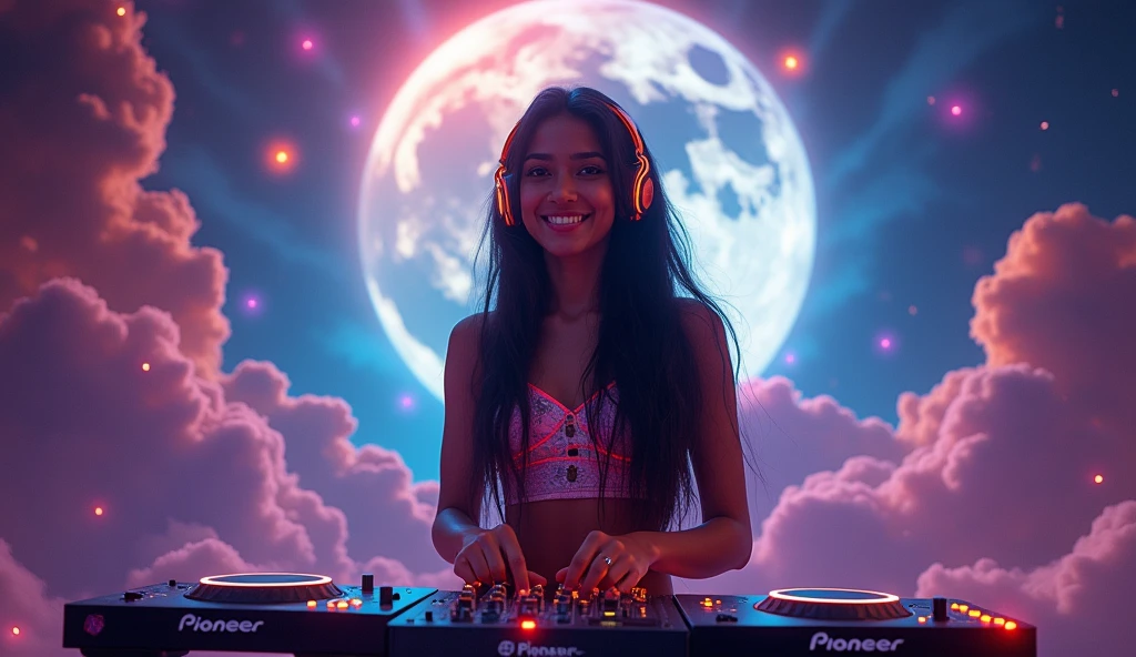Beautiful light skin Indian DJ girl with dark flowing hair and headphones. She is behind the Pioneer music system. She is looking with a beautiful smile into the camera. the entire composition is in the air, merging with the overall picture and dissolving in it. In the sky is a giant Moon, vibrant colors and planets. Energy flows through her and a flickering light surrounds her