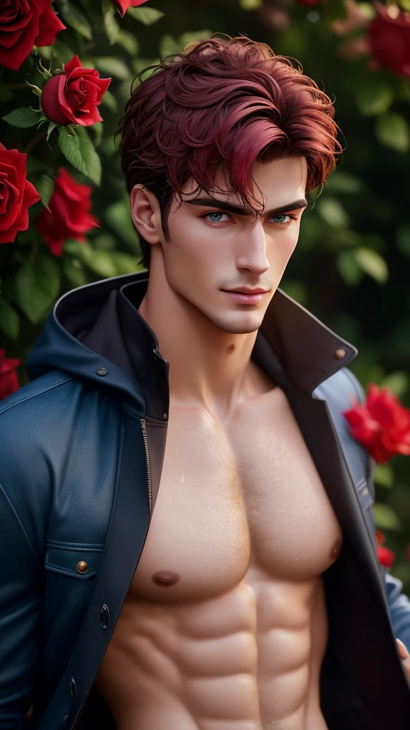 (absurdres, highres, ultra detailed), 1 male, solo, beautiful, handsome, extremely detailed facial features, tall muscular guy, smooth skin, y gaze, materious red and pink roses around him, the man is standing comfortably in the roses, from directly above, gorgeous, wet, model pose, colorful, artistic, depth of field, focus on his calm facial features, elegant look, looking at the viewers romantically, shirtless, bare body, wearing a winter coat and a brief,