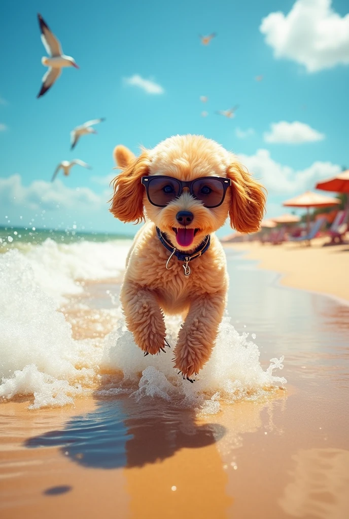 Wearing sunglasses、Toy poodle playing in the sea