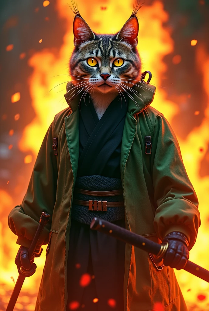 A live-action version of Demon Slayer, but it's a cat instead of a human.。
Behind him is a flame aura。
A two-tone green and black checked jacket with Tanjiro the cat holding a sword。
Bruise on left forehead。
Rectangular earrings on both ears。