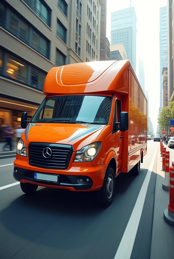 Make a realistic image of a moving orange delivery van with white and dark blue stripes with the size of 1920 x 1080