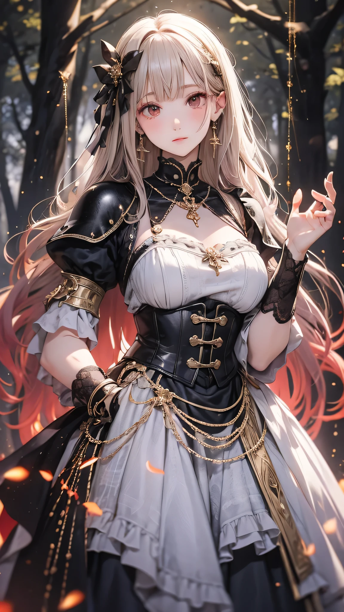 Highest quality, masterpiece, Ultra-high resolution, Super detailed, beautifully, aesthetic, Strong Woman, Long Curly Hair, Detailed, Leather Armor, Medieval costume, Shooter, Exquisite Bow, Mystical Runes, magic, forest, 4K,