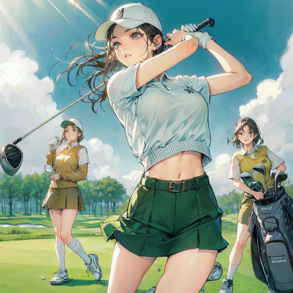 masterpiece, (textured skin), best quality, gorgeous beautiful girl, (a female golf athlete), detailed clothes,large breasts,narrow waist,, (beautiful face), cinematic lighting, (at golf venue ),