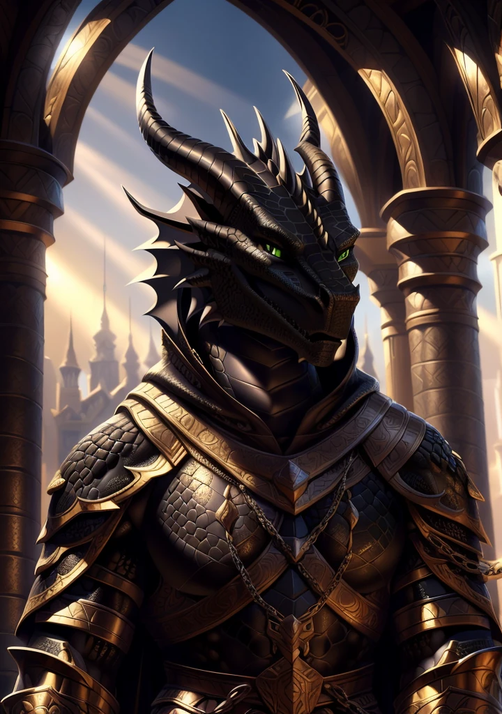 Realistic, detailed, beautiful, masterpiece, HDR, castle interior background, fantasy setting, king, ((gold armor, gold breast plate, chain mail, gold pauldrons, gold greaves, gold leg armor, wearing gold armor, black robes, black cloak, wearing black robes and cloak)) dragon, anthro, male, male body, black skin, (black scales:1.9), (two long thin horns:1.3), green eyes, detailed eyes, perfectly shaped body, confident majestic pose, finger black claws, masculine facial features, seductive gaze, neutral facial expression, black pointed ears, standing tall, out doors, daytime, close-up, portrait, face focus,
(detailed Bonifasko lighting), (detailed scales), (detailed skin), (male dragonborn), BREAK, ((long flowing tail)), ((facing viewer)), (cinematic lighting), ((detailed background)), ((portrait view)), (((close-up))), (good lighting), [backlighting], [crepuscular ray], [detailed ambient light], [gray natural lighting], [ambient light on the belly], (higher wildlife feral detail), [explict content], [sharp focus], (questionable content), (shaded), ((masterpiece)), furry dragonborn, reptilian face, furry Fantasy Art, furry Art, Commission for High Res, anthro Art, POV furry Art,Sakimichan beautiful, masterpiece, best quality, detailed image, bright colors, detailed face, perfect lighting, perfect shadows, perfect eyes, green eyes, flawless face, face focus, (masterpiece:1.21), (best quality:1.2), (illustration:1.2), (cinematic lighting:1.3), detailed scales, balanced coloring, global illumination, ray tracing, good lighting, scales, anthro, well lit 