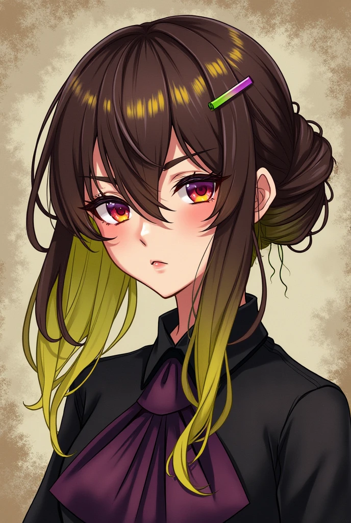 、Illustrated style、Brown Hair、Only the front and left side hair are yellow-green、Plum Hairpin、Top: yellow-green, bottom: dark purple、Drooping eyes、Red eyes、Fleeting、Her hair is in a bun with a hairpin stuck in it.、Rough texture illustration