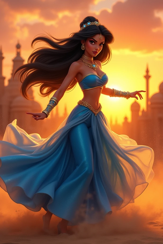 Stunning Princess Jasmine, photo in 8k, in action, cinematic.