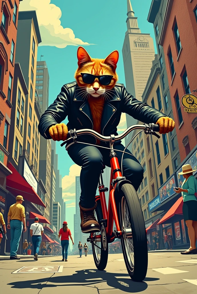 Killer cat with an knife riding a bike with an city in The background