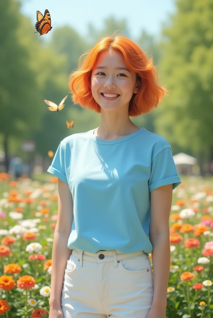 Dans l'image réelle, une , aux cheveux courts orange, porte un t-shirt à manches courtes bleu clair et un pantalon blanc.