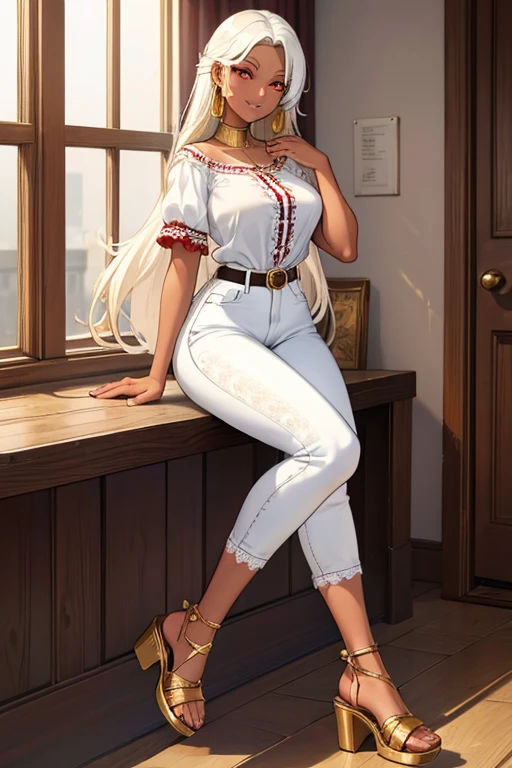 female, white long hair, red eyes, dark skin, (((1girl))), (((white short sleeve lace blouse))), (white denim pants), (gold low heel sandals), (gold belt), cute and sexy, full body, large breasts, long legs, smiling