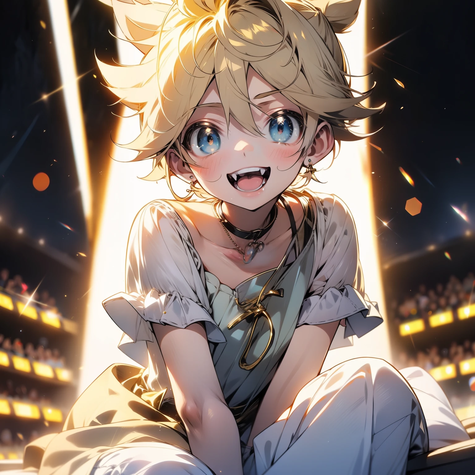 Kagamine len、smile、Sitting、Open your mouth、Particles of light、Observe the audience、Look at this