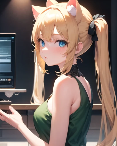 masterpiece, best quality, 1girl, cute interior, green dress, upper body, from side, science fiction, blue eyes, twintails, blond hair, cat ears, looking at viewer,