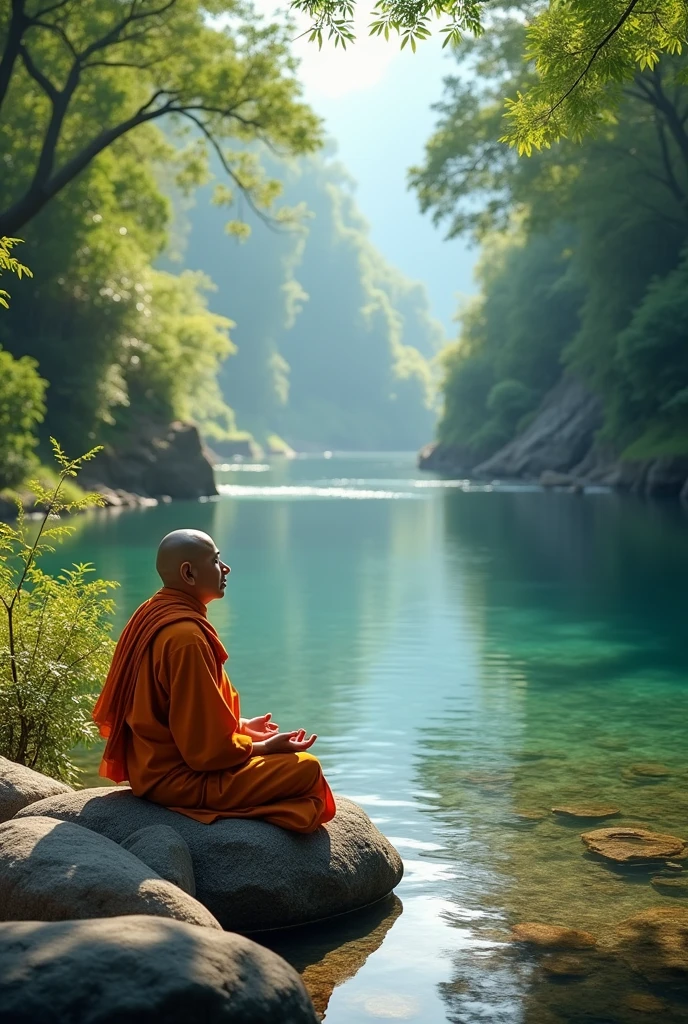 Most beautiful natural background river  and Face in front  bhikku meditation on the rock,