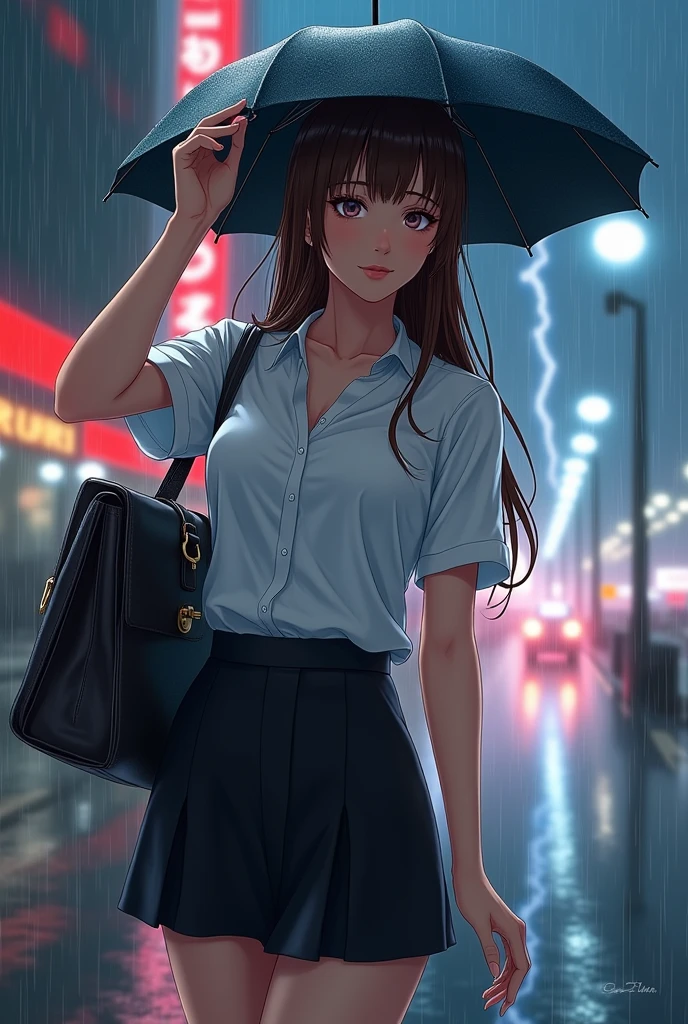 One adult woman,beautiful,Elegant,anime,high quality,Brown Hair,Big Breasts,Jcup,White short sleeve shirt,Wet shirt,Sticky shirt,The black underwear underneath the shirt is visible,Black Skirt,Suit skirt,Guerrilla rainstorm,Protect yourself from the rain with a business bag,