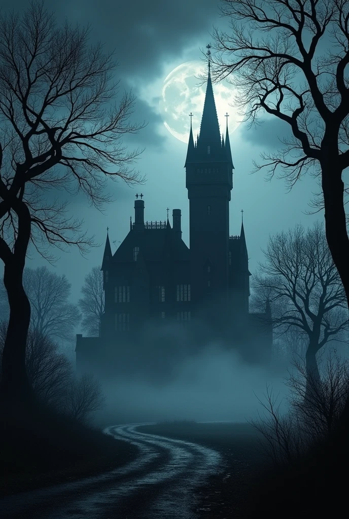 Silhouette sombre et imposante d'un manoir gothique, situé au centre de l'image. Le manoir, avec ses tours pointues et ses fenêtres obscures, se dresse majestueusement au milieu d'un paysage envahi par la brume. Autour du manoir, des arbres tordus aux branches dépouillées ajoutent une touche de mystère, tandis qu'un ciel nocturne orageux, avec une lune voilée, éclaire faiblement la scène. Les couleurs sont des nuances de gris, noir et bleu nuit, renforçant l'atmosphère menaçante et isolée.