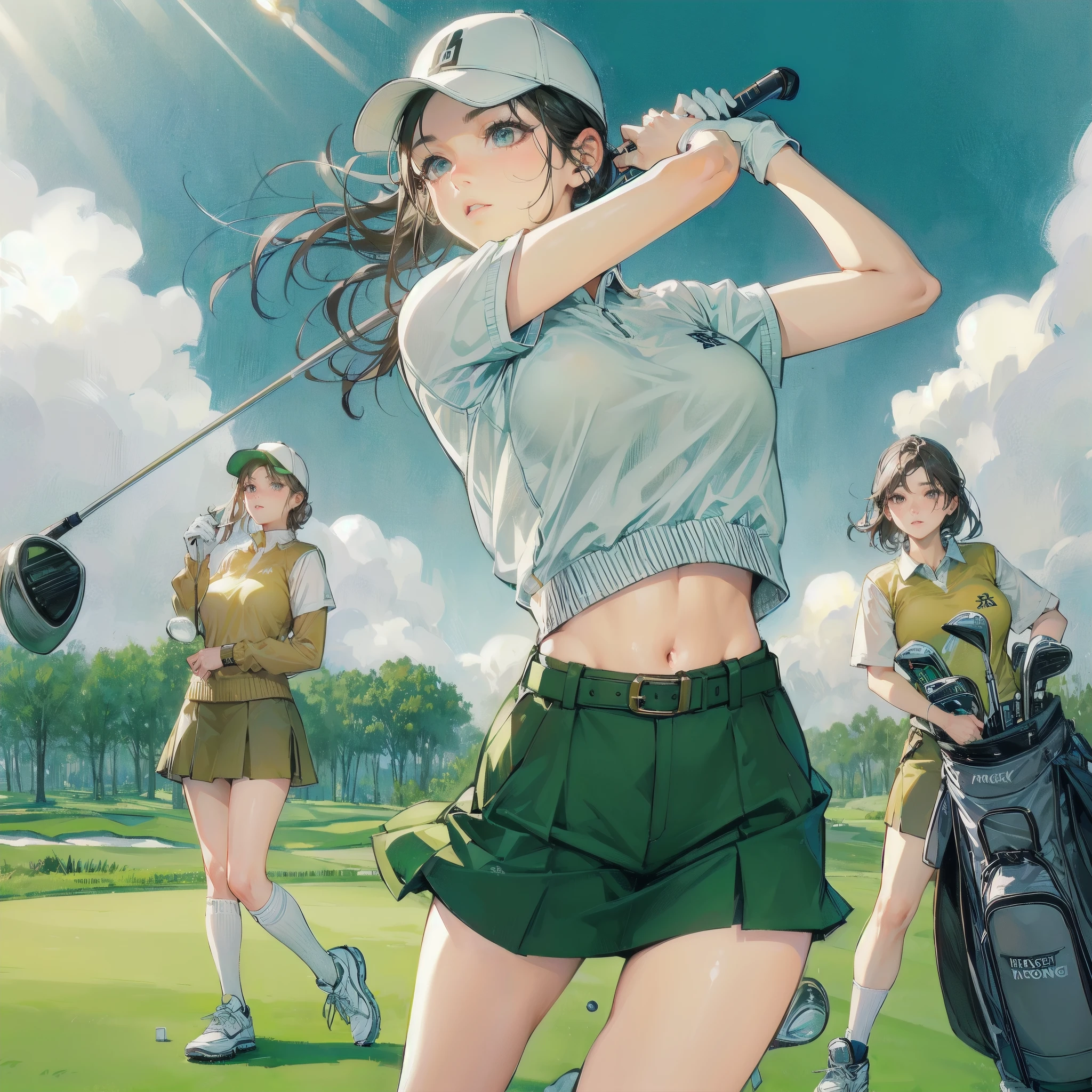 masterpiece, (textured skin), best quality, gorgeous beautiful girl, (a female golf athlete), detailed clothes,large breasts,narrow waist,, (beautiful face), cinematic lighting, (at golf venue ),