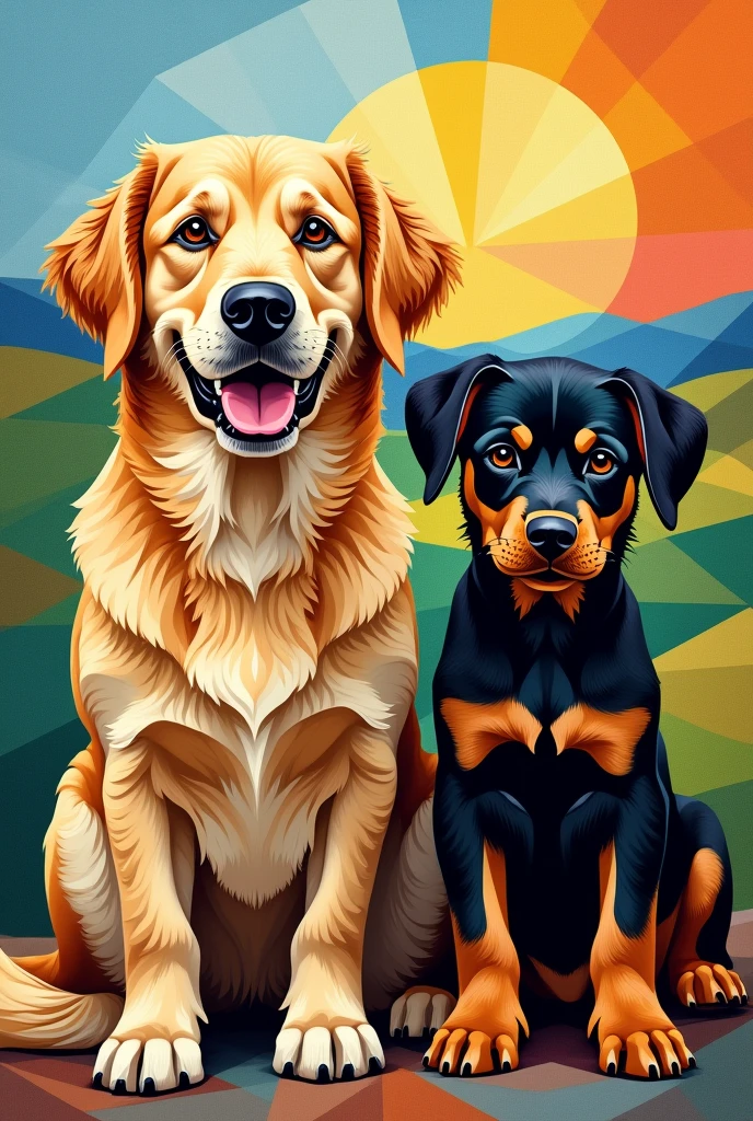 A happy golden retriever sitting next to a baby rottweiler puppy , both facing forward and sitting with intense cubist art style and various shades of colors, and the image has a Picasso style, the image of the dogs is composed of geometric figures giving it an almost 3D effect