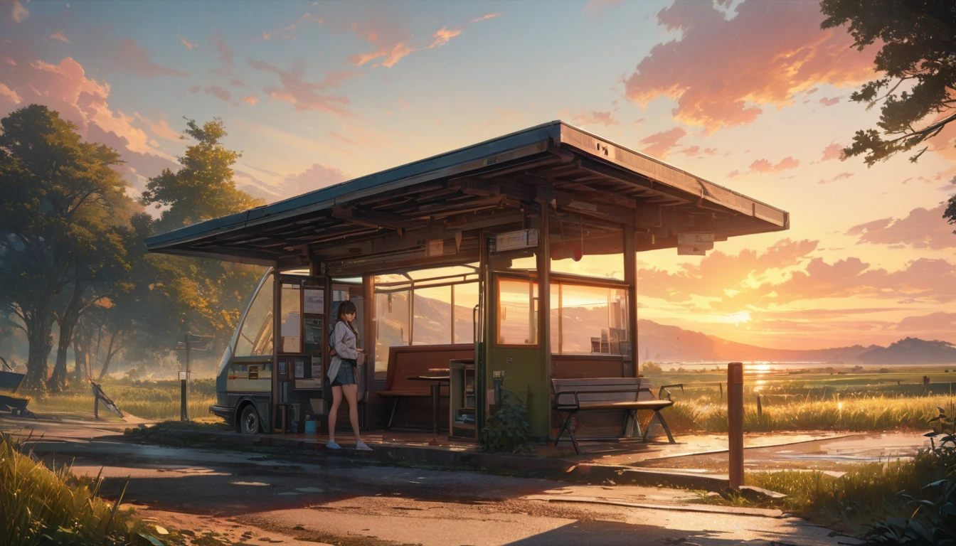 A female student standing at a deserted bus stop in the countryside、Look at me and smile、Scenery of Showa、sunset、masterpiece, best quality, high quality, detailed, ultra detailed, hyper detailed, insanely detailed, exquisite, beautiful, Full-HD, 4K, 8k, 16K、on right, rule of thirds