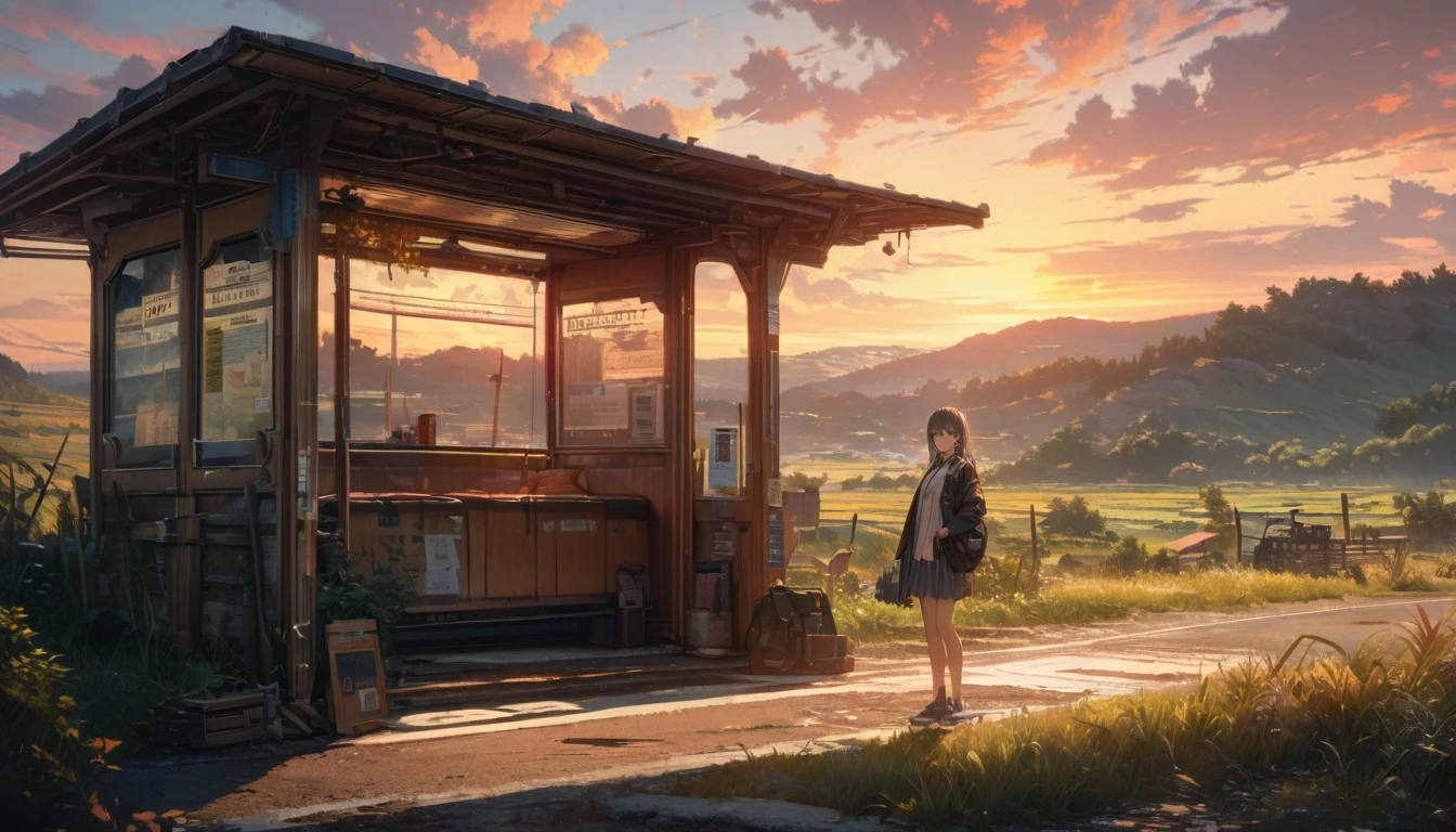 A female student standing at a deserted bus stop in the countryside、Look at me and smile、Scenery of Showa、sunset、masterpiece, best quality, high quality, detailed, ultra detailed, hyper detailed, insanely detailed, exquisite, beautiful, Full-HD, 4K, 8k, 16K、on right, rule of thirds