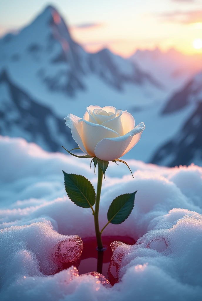 white rose with blood in the ice moutain that resembles the rebirth of a peace