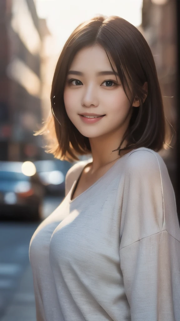 8k,Highest quality,(masterpiece:1.2),(Realistic),(Realistic:1.37),Ultra-high resolution,1 female college student,city,smile,Beautiful Eyes,(((casual, Trendy clothes))),Big Breasts,Perfect body,Perfect Fingers,Professional Lighting,gravure,Detailed face and skin texture,fine grain,RAW Photos