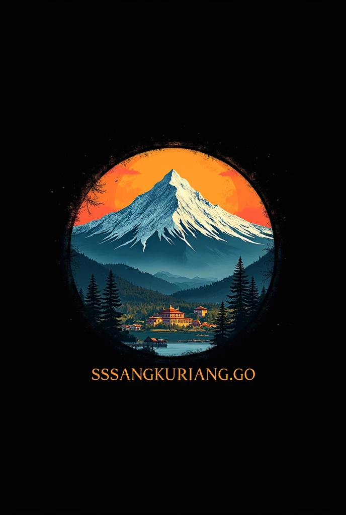 a circle logo, a mountains and village, "SSSANGKURIANG.GO" text in the middle, black background, detailed logo design, intricate design, minimalist style, clean lines, (best quality,4k,8k,highres,masterpiece:1.2),ultra-detailed,(realistic,photorealistic,photo-realistic:1.37),professional,vivid colors