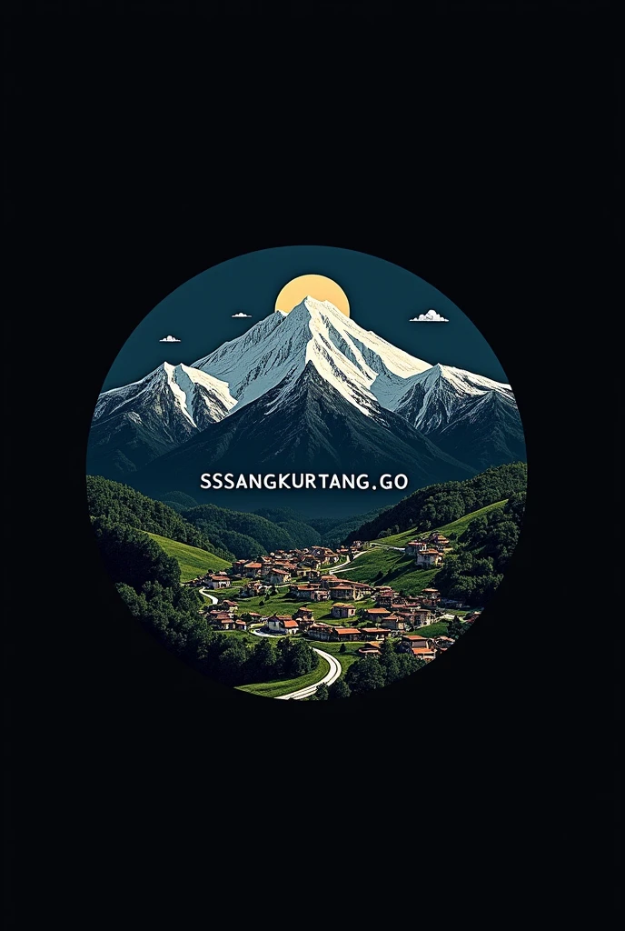a circle logo, a mountains and village, "SSSANGKURIANG.GO" text in the middle, black background, detailed logo design, intricate design, minimalist style, clean lines, (best quality,4k,8k,highres,masterpiece:1.2),ultra-detailed,(realistic,photorealistic,photo-realistic:1.37),professional,vivid colors