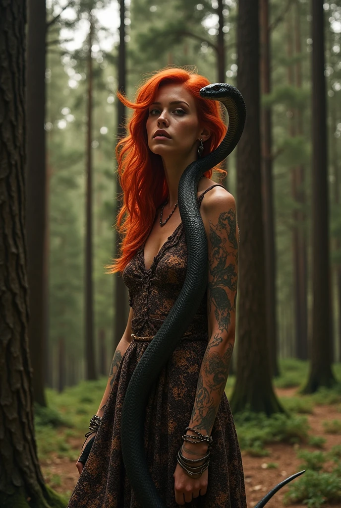 A hyperrealistic picture of an European woman totally naked with a full body dragon tattoo on her back, sitting on a log. Red hair. Big booty. Winter. Snow, the ground is covered by snow